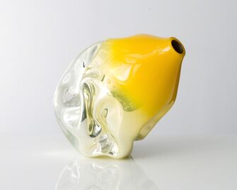 Jeff Zimmerman, ‘Unique crumpled sculptural vessel in mirrorized yellow hand-blown glass with glass gems’, 2014