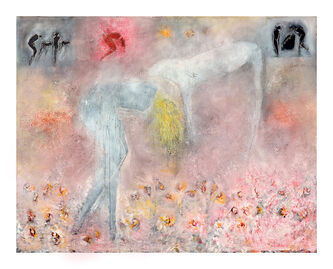 Cindy Kane, ‘Woman, Dog & Spring Flowers Figurative Abstract Painting with Petroglyphs’, 1987