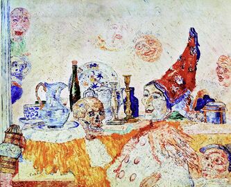 James Ensor, ‘Pierrot and Skeleton in a Yellow Robe’, 1893