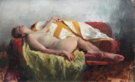 Michael Alford, ‘Nude with Striped Orange Drape - female figurative painting’, 2020