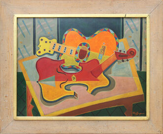 (In the Style of) Jean Metzinger, ‘Modern Cubist Red, Orange, and Yellow Abstract Still Life with Violin and Guitar’, Early 20th Century