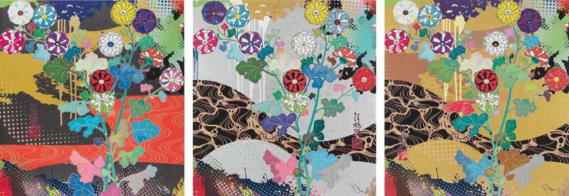 Takashi Murakami, ‘Korin: Dark Matter; Korin: Pure White; and Korin: The Time of Celebration’, 2015, Print, Three offset lithographs in colors, on smooth wove paper, the full sheets, Phillips