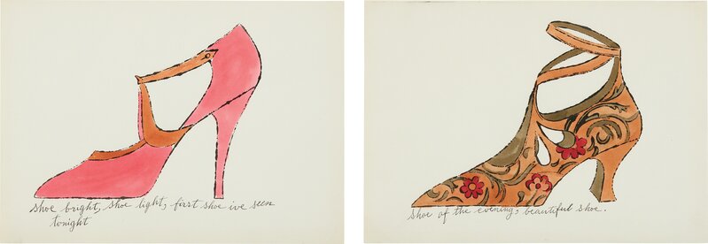 Andy Warhol, ‘Two Works from A la Recherche du Shoe Perdu: (i) Shoe bright, shoe light, first shoe I've seen tonight (ii) Shoe of the evening, beautiful shoe’, ca. 1955, Offset lithograph and watercolor on paper, Phillips