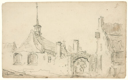 Jan van Goyen, ‘Village church with turret, arched gateway and a house’, 1650