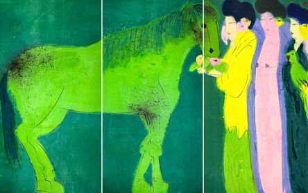 Walasse Ting 丁雄泉, ‘Three Oriental Beauties with a Green Horse and a Green Parrot’, 1990s