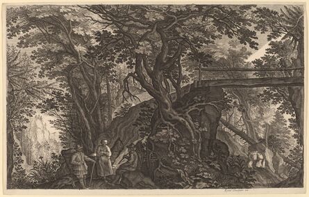 Aegidius Sadeler II, ‘Forest Landscape with Two Men and a Woman Resting near a Bridge’