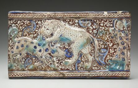 ‘Molded Luster Tile with Raised Braided Border and Cowherd Witnessing a Lion Attack a Calf against a Floral Background; Iran’, ca. 13th century 