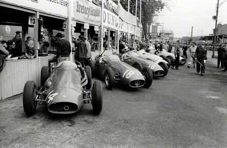 Jesse Alexander, ‘Maserati Factory Team Lined up in Pits at Pau, France’, 1955