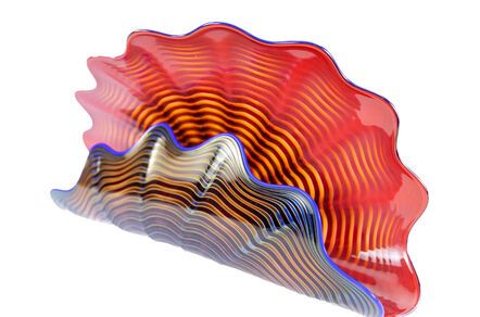 Dale Chihuly, ‘Dale Chihuly Hibiscus Saffron Large 20” Seaform with Cobalt Blue Lip Wrap Signed 1989 Hand Blown Glass Sculpture’, 1989