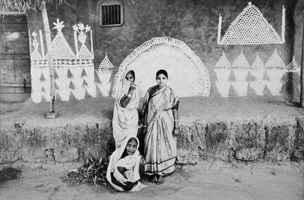 Jyoti Bhatt, ‘Three Oriya women in front of their house with a wall painted by them using rice flour’, 1987