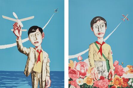 Zeng Fanzhi 曾梵志, ‘Mask Series: two plates (Man Holding a Plane; and Plane and Flowers)’, 2006