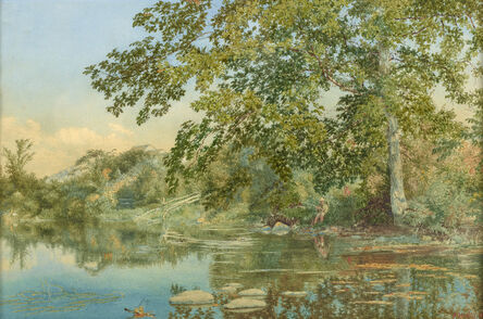 John William Hill, ‘River Landscape with Boy Fishing’, 1861