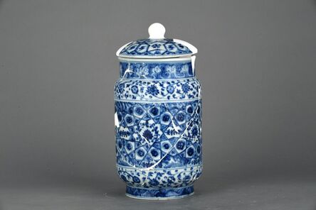 Unknown, ‘Covered cylindrical jar with flower and brocade in blue and white’, Zhengtong to Tianshun, Ming Dynasty(1436, 1464)