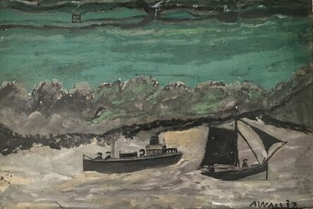 Alfred Wallis, ‘Cutter and Sail Boat in Grey Harbour with green sea and shore with gate behind’