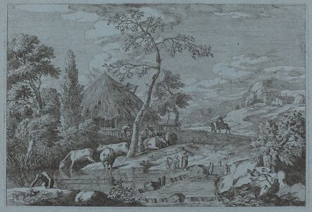 Marco Ricci, ‘Cattle and Figures at a Farmyard Stream’