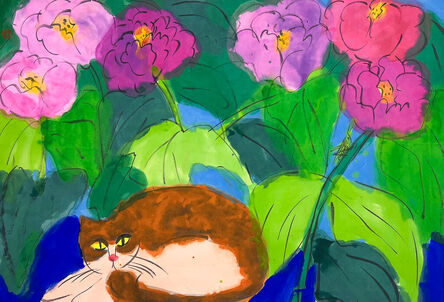 Walasse Ting 丁雄泉, ‘A Ginger Cat Hiding among the Flowers’, 1990s