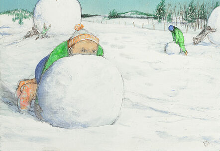 William Kurelek, ‘Newfie Joke (A boy peeping out from behind a snowball)’, 1974