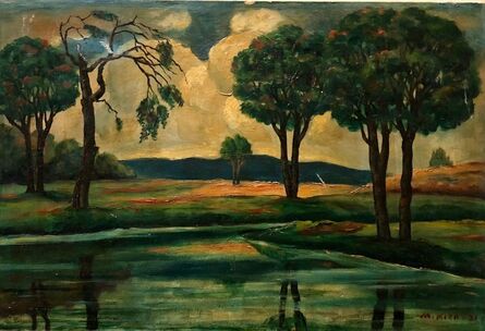Maurice Kish, ‘Early Modernist River Landscape with Trees and Mountains WPA artist’, 1930-1939