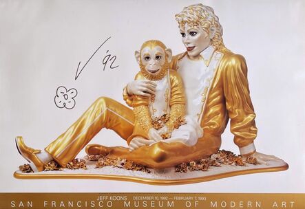 Jeff Koons, ‘Flower drawing on Michael Jackson and Bubbles poster (Hand Signed)’, 1992