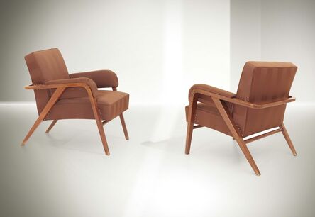 Franco Albini, ‘a pair of armchairs with a wooden structure and fabric upholstery’, 1945