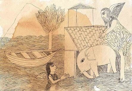 Badri Narayan, ‘Welcoming the Young Elephant, Drawing on Paper by Padmashree Artist "In Stock"’, 2011