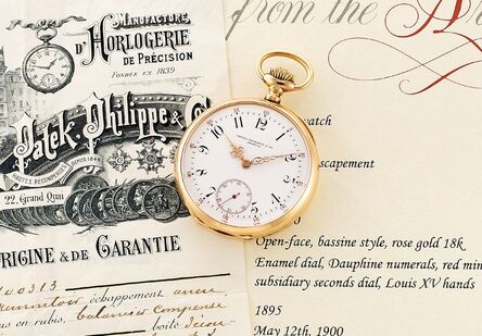 Patek Philippe, ‘A rare and fine pink gold open face pocket watch with certificate of origin, presentation box and additional crystal’, 1895