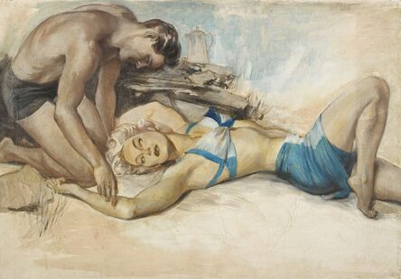 John Lagatta, ‘Woman in Blue Two-Piece Bathing Suit Laying on Beach with Man in Bathing Su’, ca. 1940