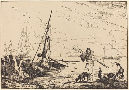 John Thomas Serres, ‘Marine: Fishing Boats on Shore, Man with Oars, Ship in Distance’, 1803