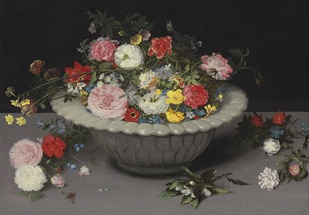 Attributed to Jan Breughel II, ‘Roses, tulips, daffodills, ranunculus and other flowers, in a celadon vase, on a table’, Likely ca. 1615-1620