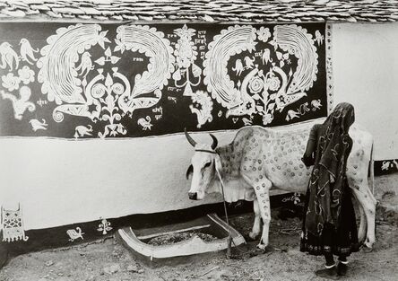 Jyoti Bhatt, ‘A Meena (tribal) woman decorating the bullock for ‘Gordhan’ festival, Rajasthan’, 1969