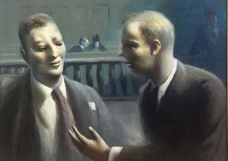 Guy Pène du Bois, ‘"Two Figures in Courtroom" WPA American Modernism Realism Lawyers NYC Scene Oil’, ca. 1945