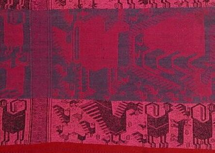 Unknown Bolivian, ‘Potolo Llacota Mantle with Mythical Animals in Pink and Blue on Maroon Ground’, Bolivia, Mid, 20th Century, Northwestern Bolivia, Department of Potosi