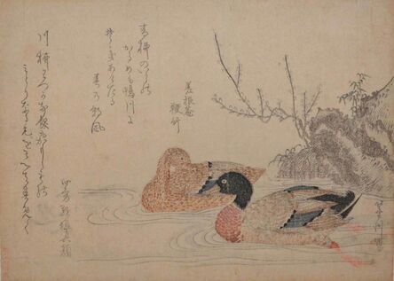 Hishikawa Sori III, ‘Ducks at Kamo River in Spring Wind’, ca. 1810