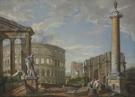 Studio of Giovanni Paolo Panini, ‘A capriccio of classical ruins with the pronaos of the Porticus Octaviae, the Colosseum, the Arch of Drusus, the Arch of Constantine, the Column of Trajan and the Farnese Hercules’
