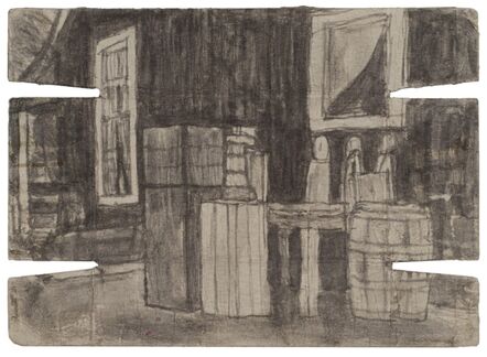 James Castle, ‘Untitled (Exterior with crates and barrel; verso: landscape with buildings)’, n.d.