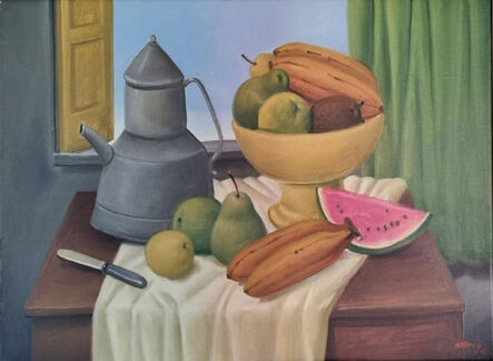 Fernando Botero, ‘ Bodegón con fruta, cuchillo y tetera frente a una ventana’, 1998