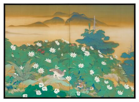 Keisen Tamai, ‘Two-Panel Screen, Wild Turkey Hen and Chicks between Lotus (T-4339)’, 1929