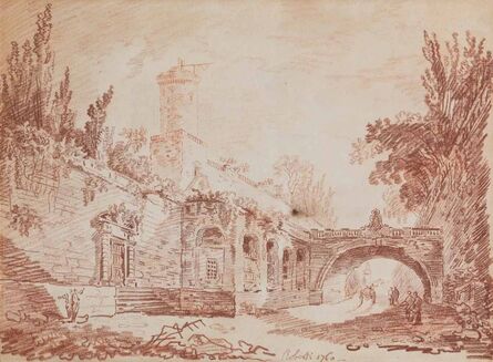 Hubert Robert, ‘Figures on a road beside a walled village, a cart beyond the bridge’, 1760