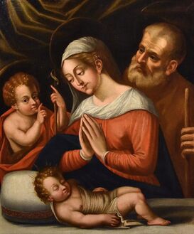 Battista Ramenghi (Bologna 1521 - 1601), ‘Holy Family Maria Saint John Baptist 17th Century Paint Oil on canvas Old master Religious Emilian school’, 1580-1650