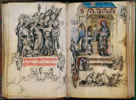 Jean Pucelle, ‘Pages with Betrayal and Arrest of Christ (left) and Annunciation (right), from the Book of Hours of Jeanne d'Évreux’, ca. 1325-28