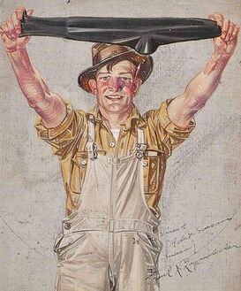 Francis Xavier Leyendecker, ‘Farmer in Overalls Stretching a Black Sock, Interwoven Socks Ad’, 1920
