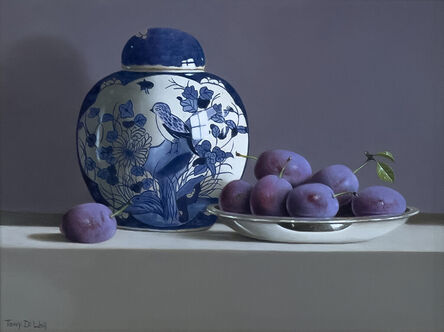 Tony de Wolf, ‘Porcelain Vase with Plums in Silver Dish’, 2022