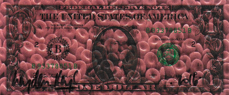 Hayden Kays, ‘Blood Money’, 2016, Print, Propelled inkjet droplets on genuine uncirculated $1 note, Kalkman Gallery
