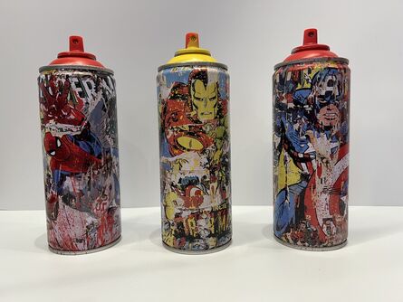 Mr. Brainwash, ‘Spider Man (Red), Iron Man (Yellow), Captain America (Red) (set of three spray cans)’, 2019