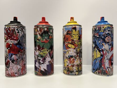 Mr. Brainwash, ‘Spider Man (Black), Hulk (Red), Iron Man (Yellow), Captain America (Cyan) (set of four spray cans)’, 2019