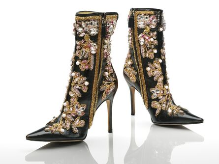 Dolce & Gabbana, ‘Ankle boots, black leather stiletto heels with gold, white and pink embroidery’, 2000