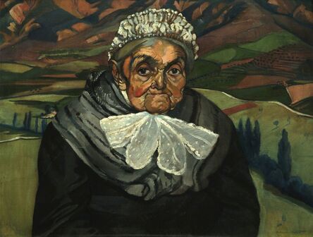 Beatrice M L Huntington, ‘Old woman in a hilly landscape’