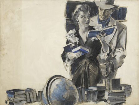 John Lagatta, ‘A Woman Among Books with a Man in Fedora Behind Her’, ca. 1940