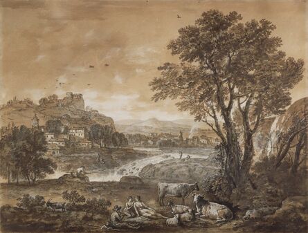 Francesco Zuccarelli, ‘A Landscape with Shepherds Resting Under a Tree by a Cascade (recto), Sketch of a Landscape (verso)’, 1700