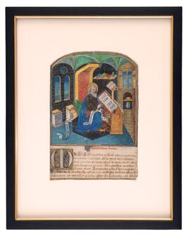 Master of Foljambe, ‘Saint Luke at his desk; one illuminated leaf from a luxurious Book of Hours’, 1465-1470